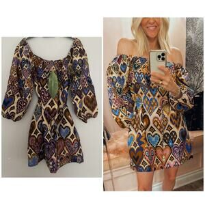 Farm Rio Hearts Ikat Cream Long-Sleeve Mini Dress